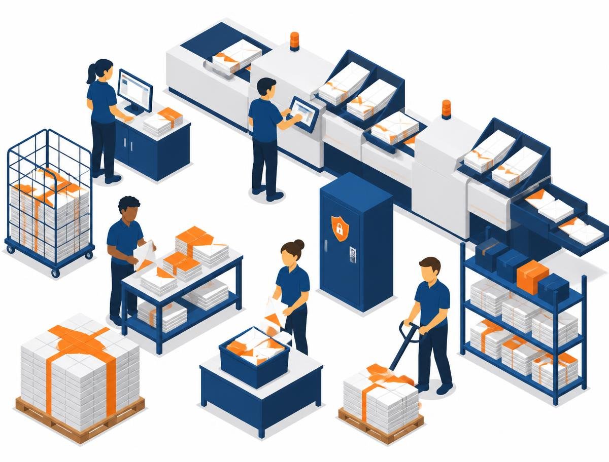 Illustration of a secure mail processing facility with inserting machines, pallets of letters and operators