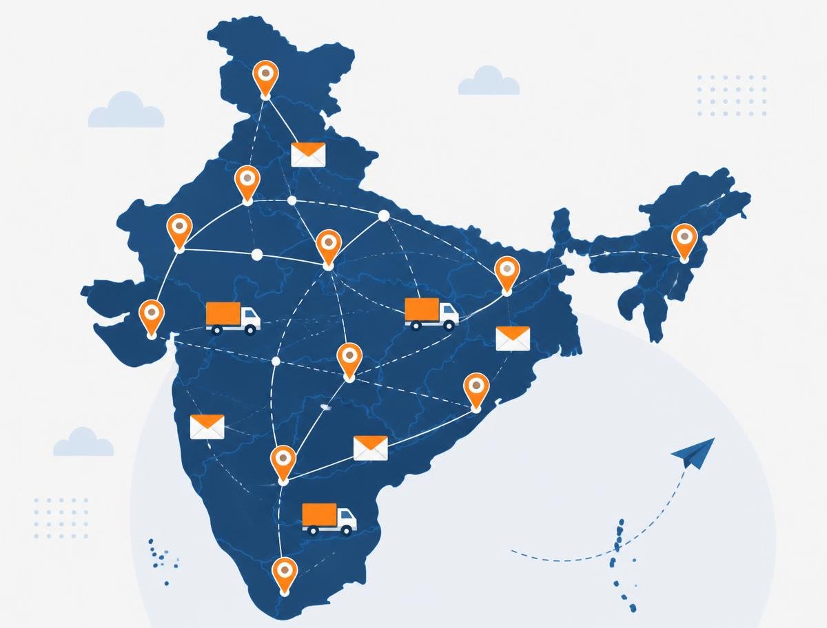 Map of India showing a postal logistics network with delivery routes, envelopes and dispatch trucks